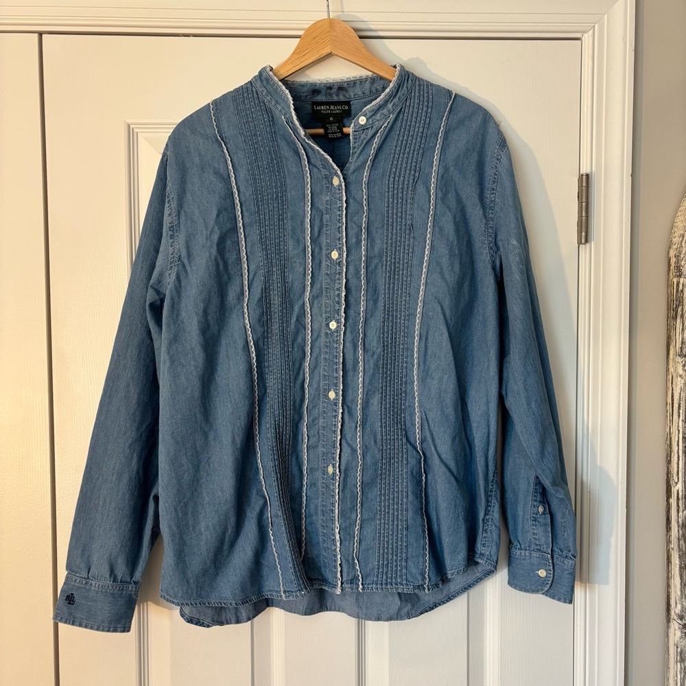 Ralph Lauren Lauren Jeans Co Vintage Chambray Blue Denim Ruffle Cottage Top 16 S - Picture 2 of 10